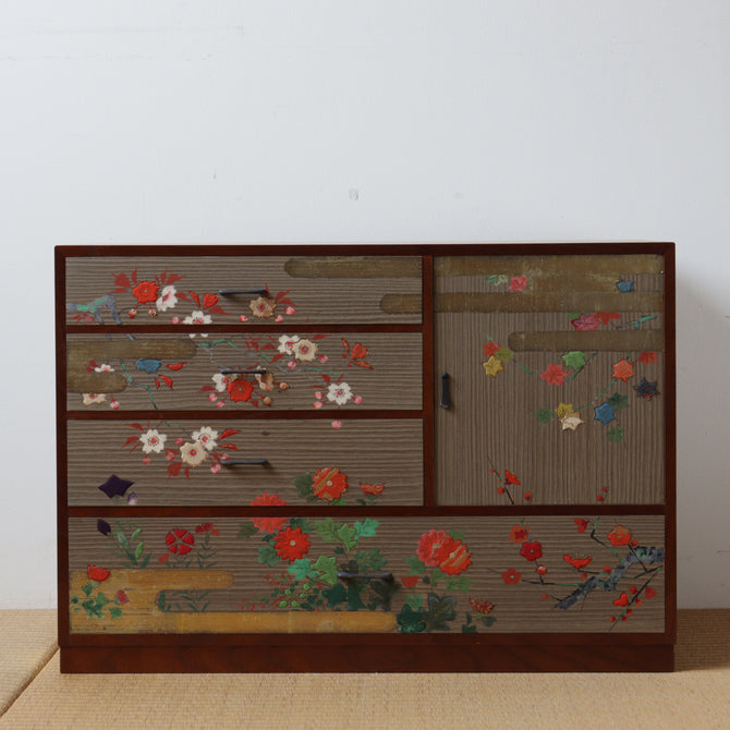 桐小箪笥-木目込み草花図【KIRI small chest with peinted flowers design 】[j1173]Japanese vintage Furniture