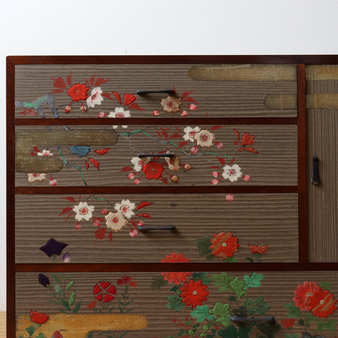 桐小箪笥-木目込み草花図【KIRI small chest with peinted flowers design 】[j1173]Japanese vintage Furniture