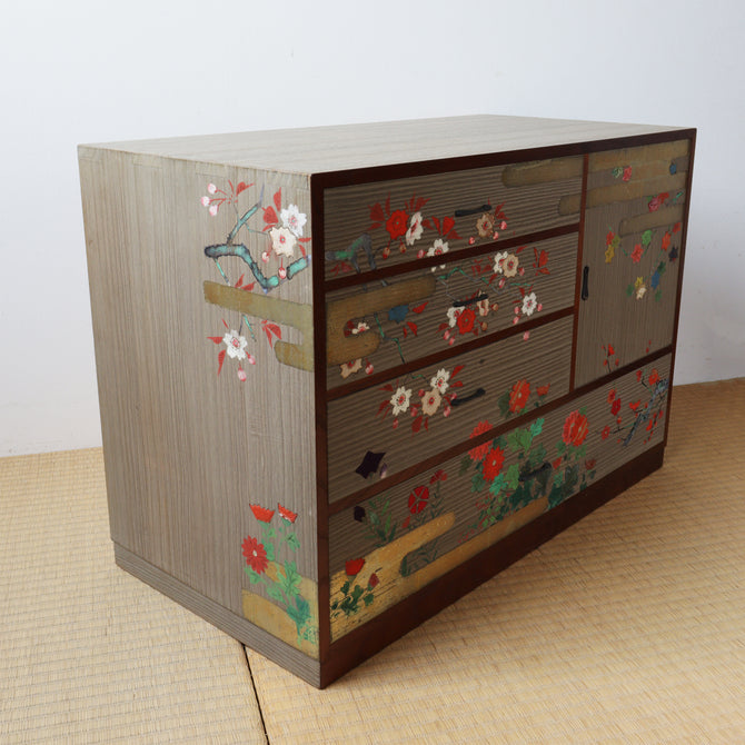 桐小箪笥-木目込み草花図【KIRI small chest with peinted flowers design 】[j1173]Japanese vintage Furniture