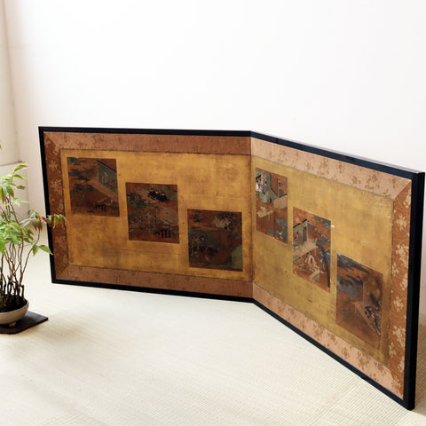 色紙貼交金枕屏風【Small golden folding screen】　[k0586]