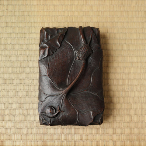 木彫硯箱（亀・蝸牛）【Wooden Carved Inkstone Box with Turtle and Cochlea Design】[k0589]